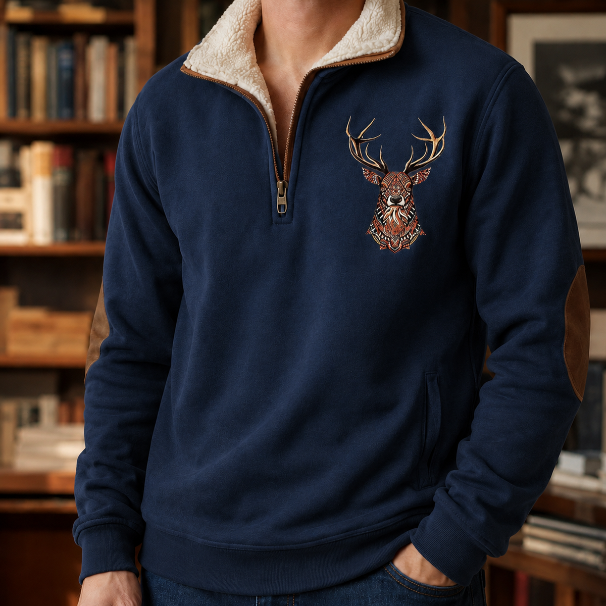 Arkon Quarter Zip Knit Sweater With Deer Motif