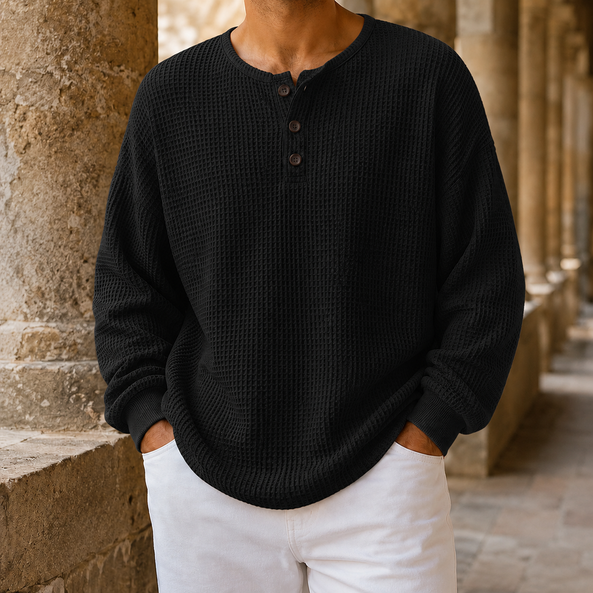 Arkon Henley-Strickpullover aus Waffelstrick mit lässiger Passform