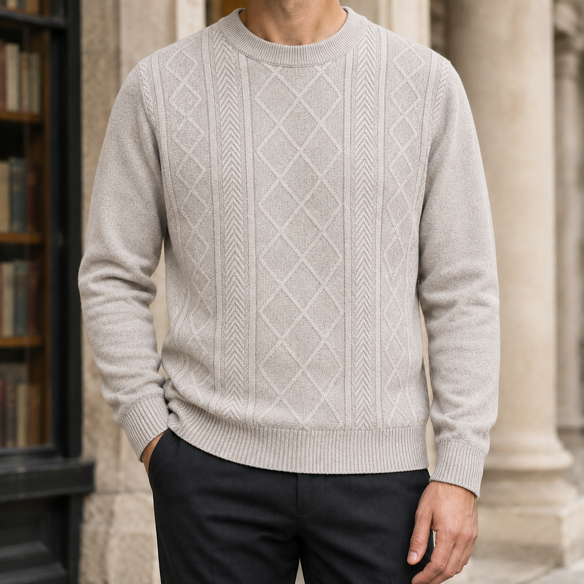 Pulover Arkon din tricot texturat, cu guler rotund