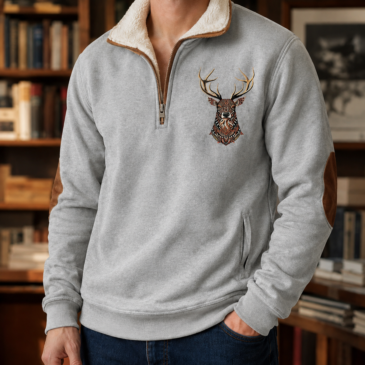 Arkon Quarter Zip Knit Sweater With Deer Motif