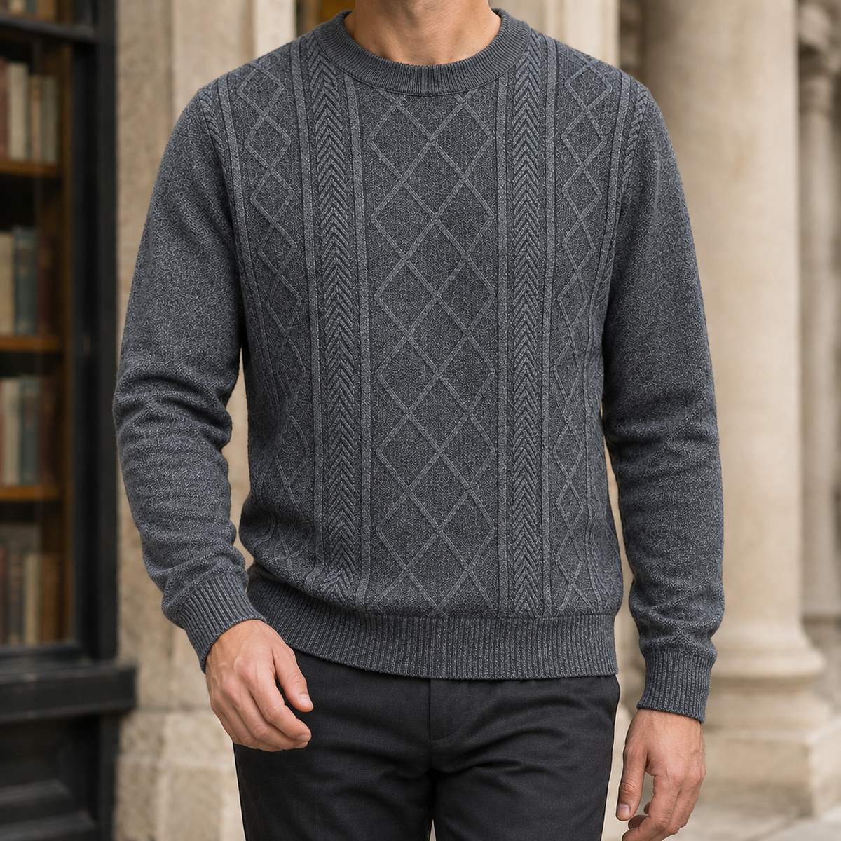 Pulover Arkon din tricot texturat, cu guler rotund