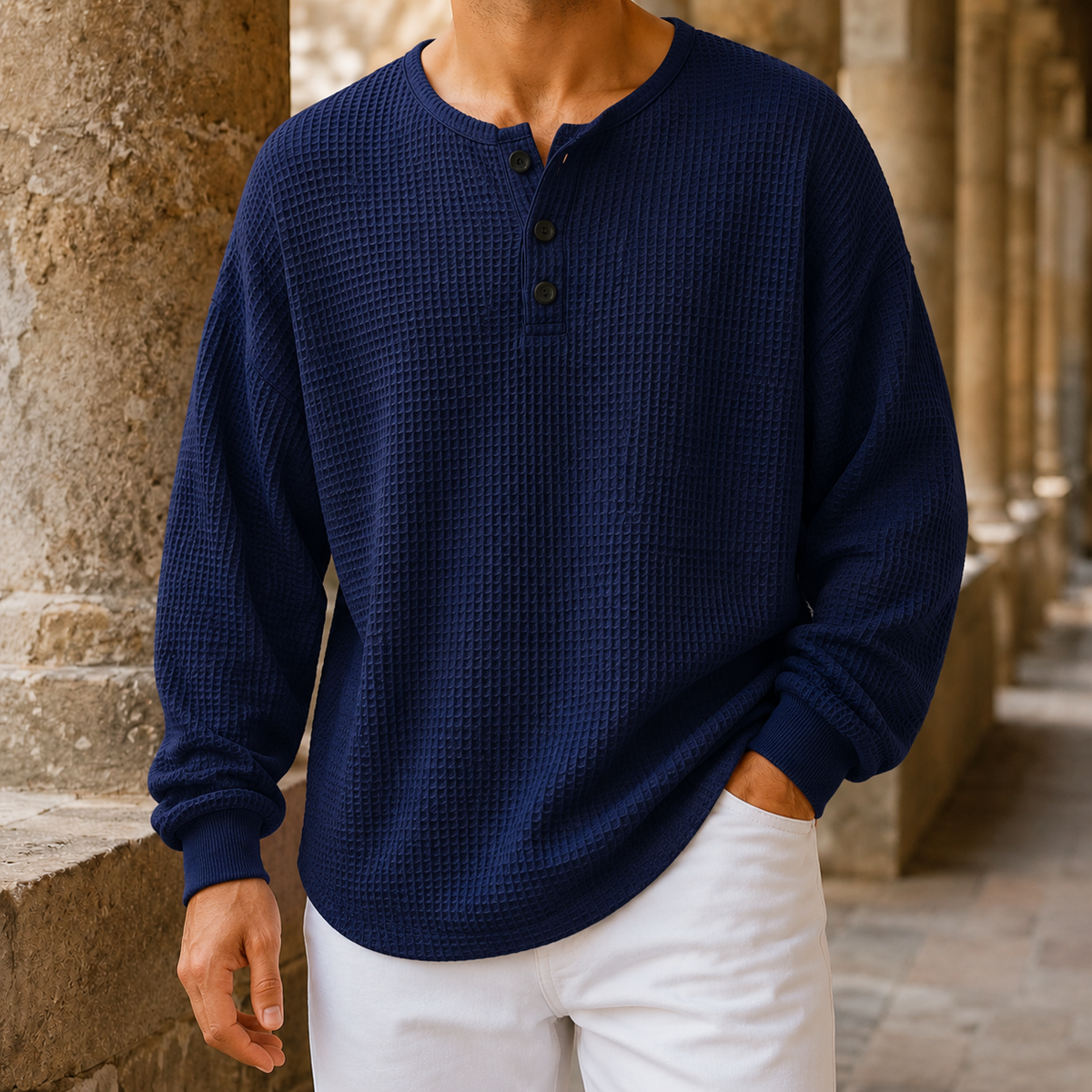 Arkon Henley-Strickpullover aus Waffelstrick mit lässiger Passform