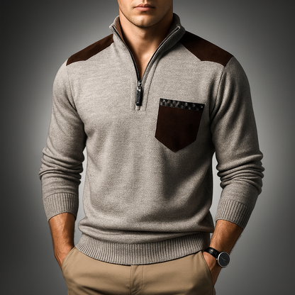 Pull en maille à fermeture éclair quart de tour pour homme Arkon, avec empiècements en daim