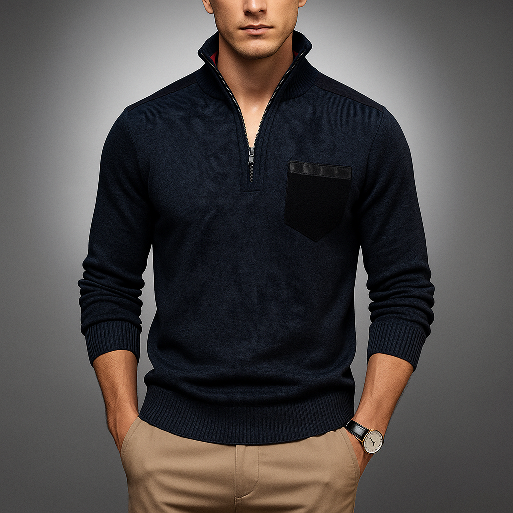 Pull en maille à fermeture éclair quart de tour pour homme Arkon, avec empiècements en daim