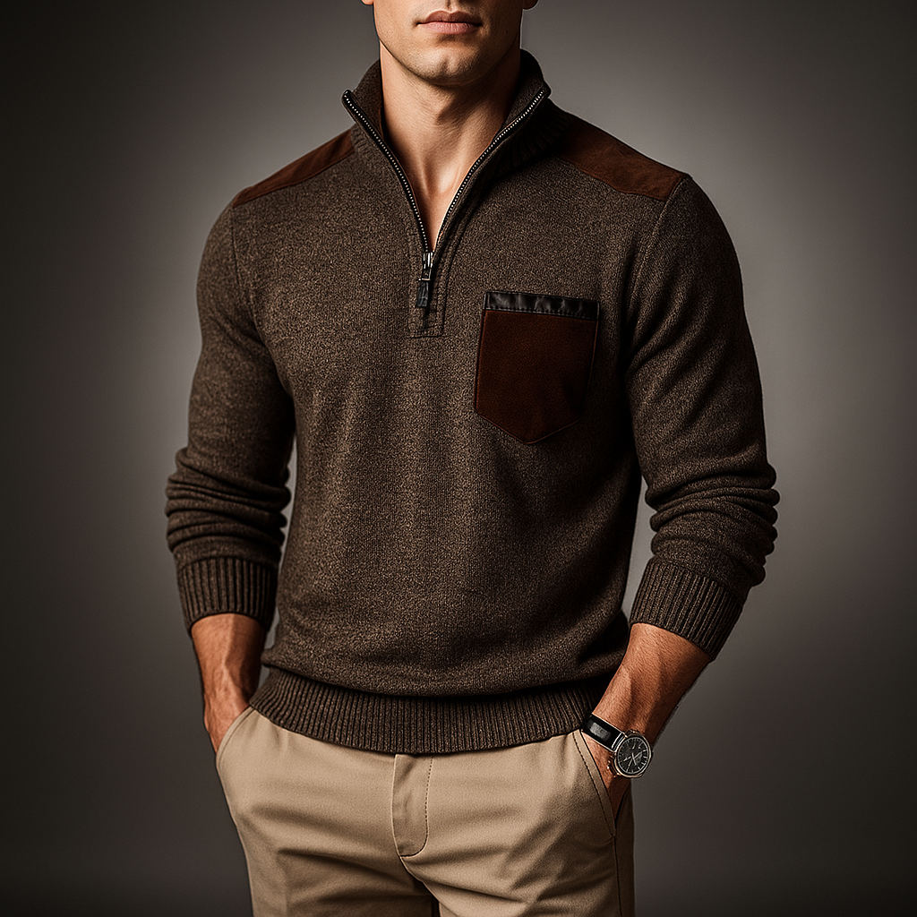 Pull en maille à fermeture éclair quart de tour pour homme Arkon, avec empiècements en daim