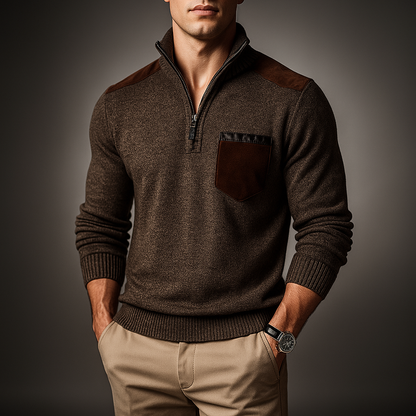Pull en maille à fermeture éclair quart de tour pour homme Arkon, avec empiècements en daim