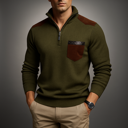 Pull en maille à fermeture éclair quart de tour pour homme Arkon, avec empiècements en daim