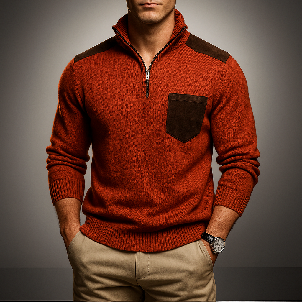Pull en maille à fermeture éclair quart de tour pour homme Arkon, avec empiècements en daim