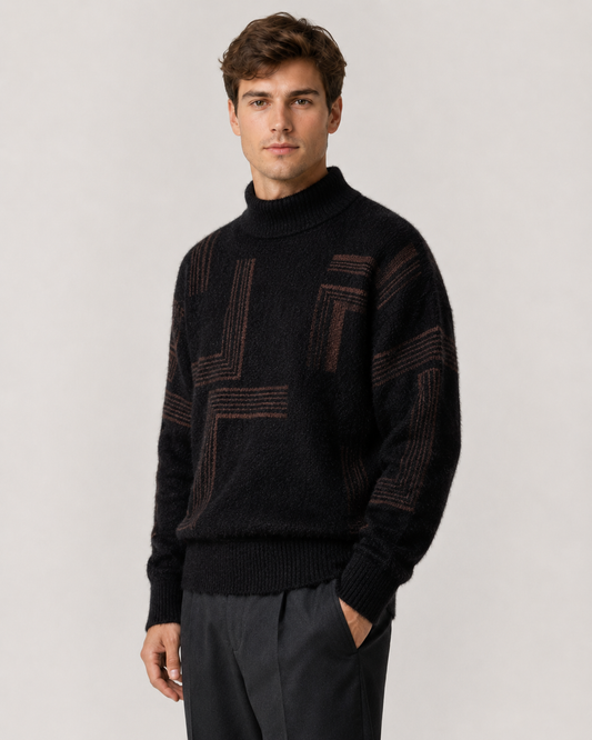 Arkon Men's Geometric Fluffy Knit Funnel Neck Sweater