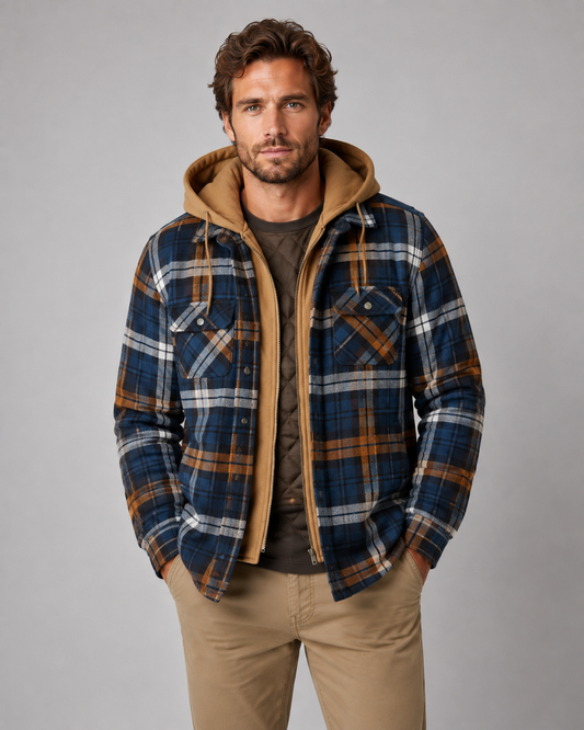 Arkon Men's Hooded Plaid Shacket Quilted Lined Zip Front