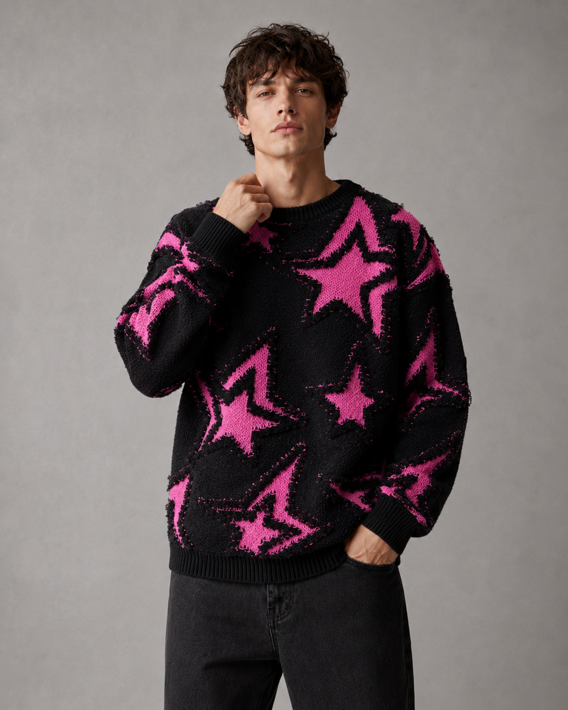 Pull en maille à motif étoilé texturé pour homme Arkon, coupe décontractée