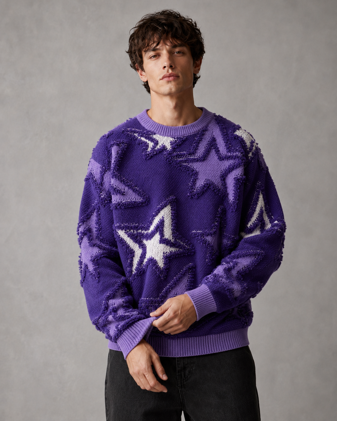 Pull en maille à motif étoilé texturé pour homme Arkon, coupe décontractée
