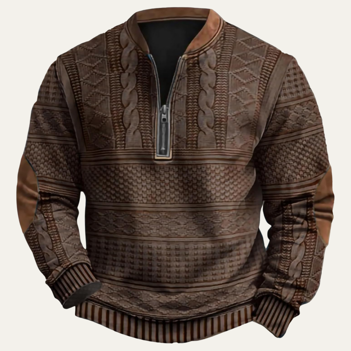 Arkon jacquardgebreide trui met kwartlange rits en elleboogpatches