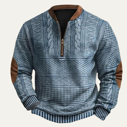Arkon jacquardgebreide trui met kwartlange rits en elleboogpatches