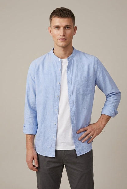 Camisa de manga larga de mezcla de lino con cuello mao para hombre Arkon