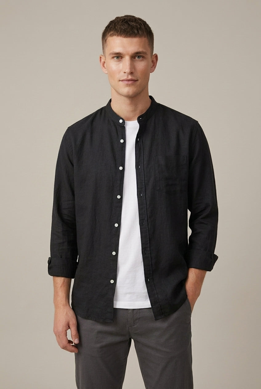 Camisa de manga larga de mezcla de lino con cuello mao para hombre Arkon