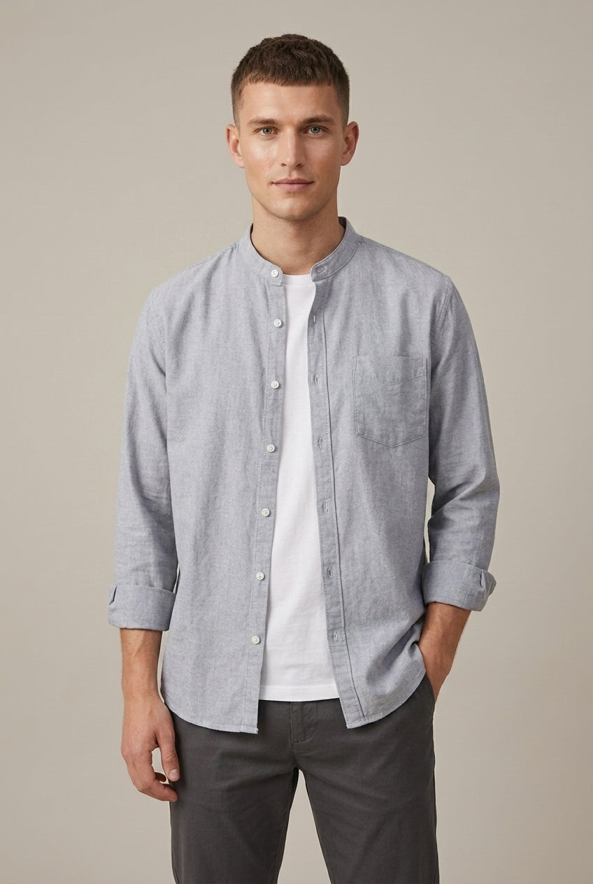 Camisa de manga larga de mezcla de lino con cuello mao para hombre Arkon