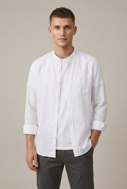Camisa de manga larga de mezcla de lino con cuello mao para hombre Arkon
