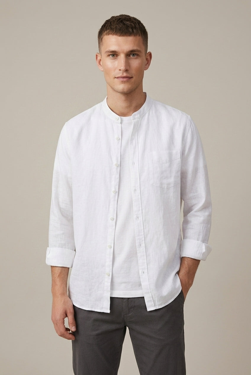Camisa de manga larga de mezcla de lino con cuello mao para hombre Arkon