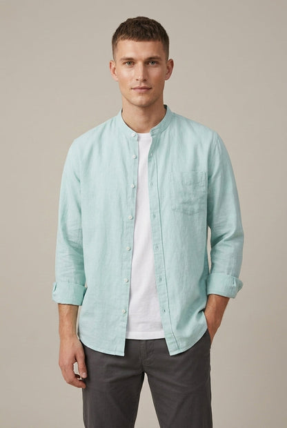 Camisa de manga larga de mezcla de lino con cuello mao para hombre Arkon