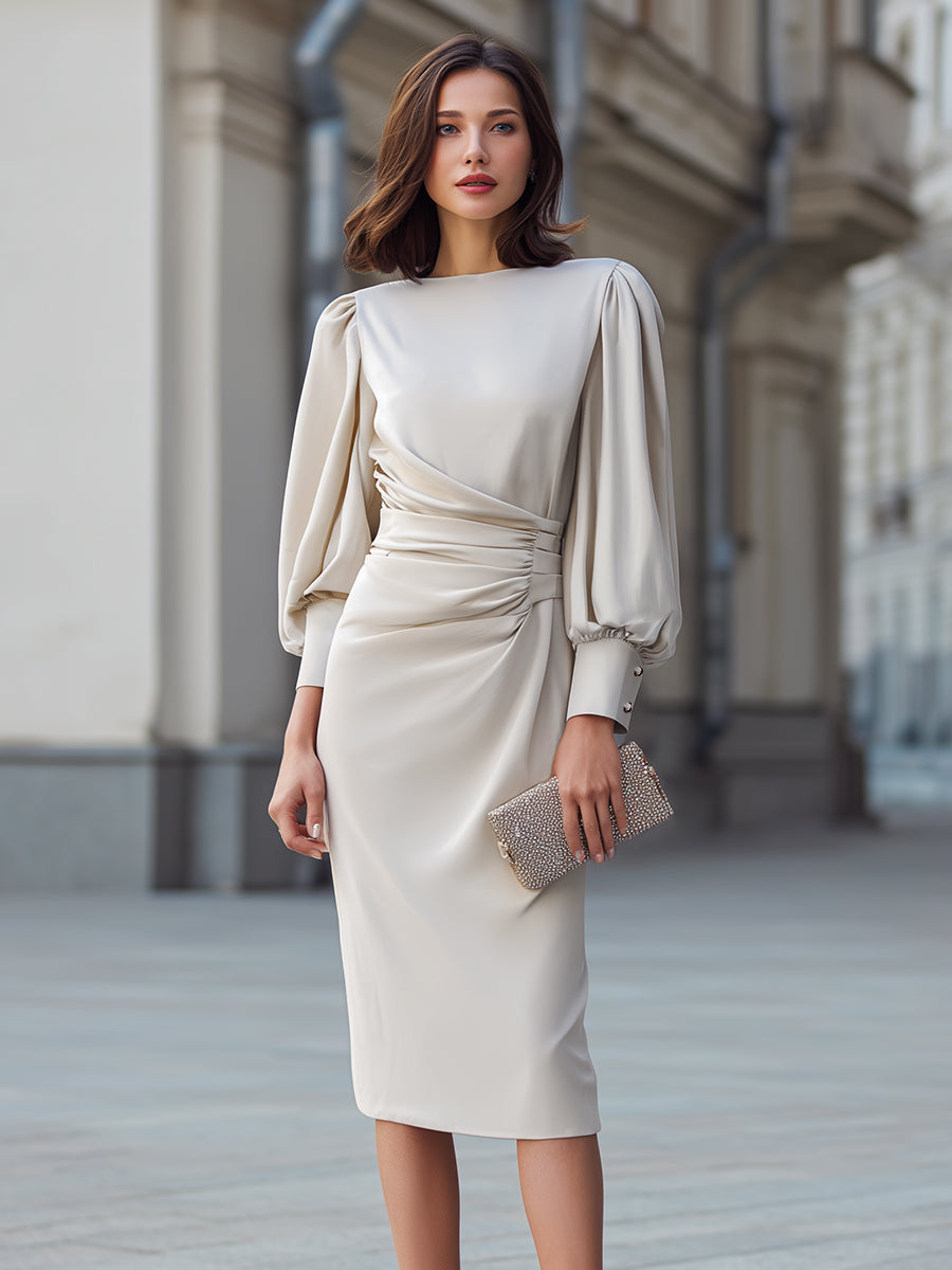 Robe beige drapée à manches bouffantes Zafren