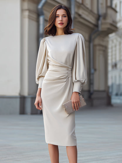 Robe beige drapée à manches bouffantes Zafren
