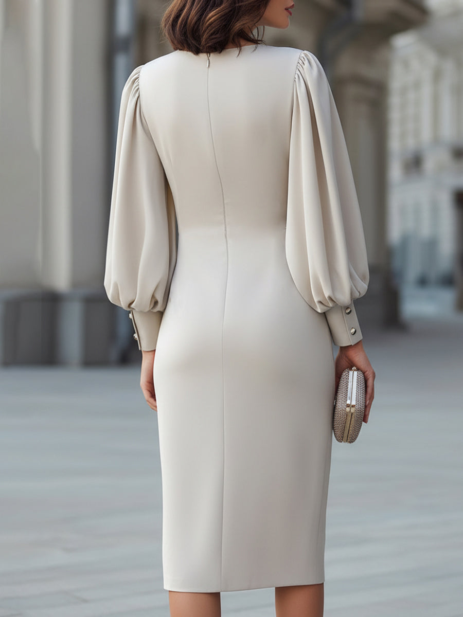 Robe beige drapée à manches bouffantes Zafren