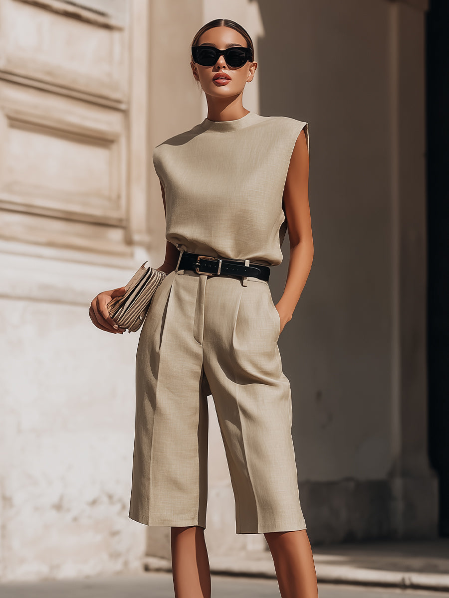 Completo bermuda Zafren beige senza maniche