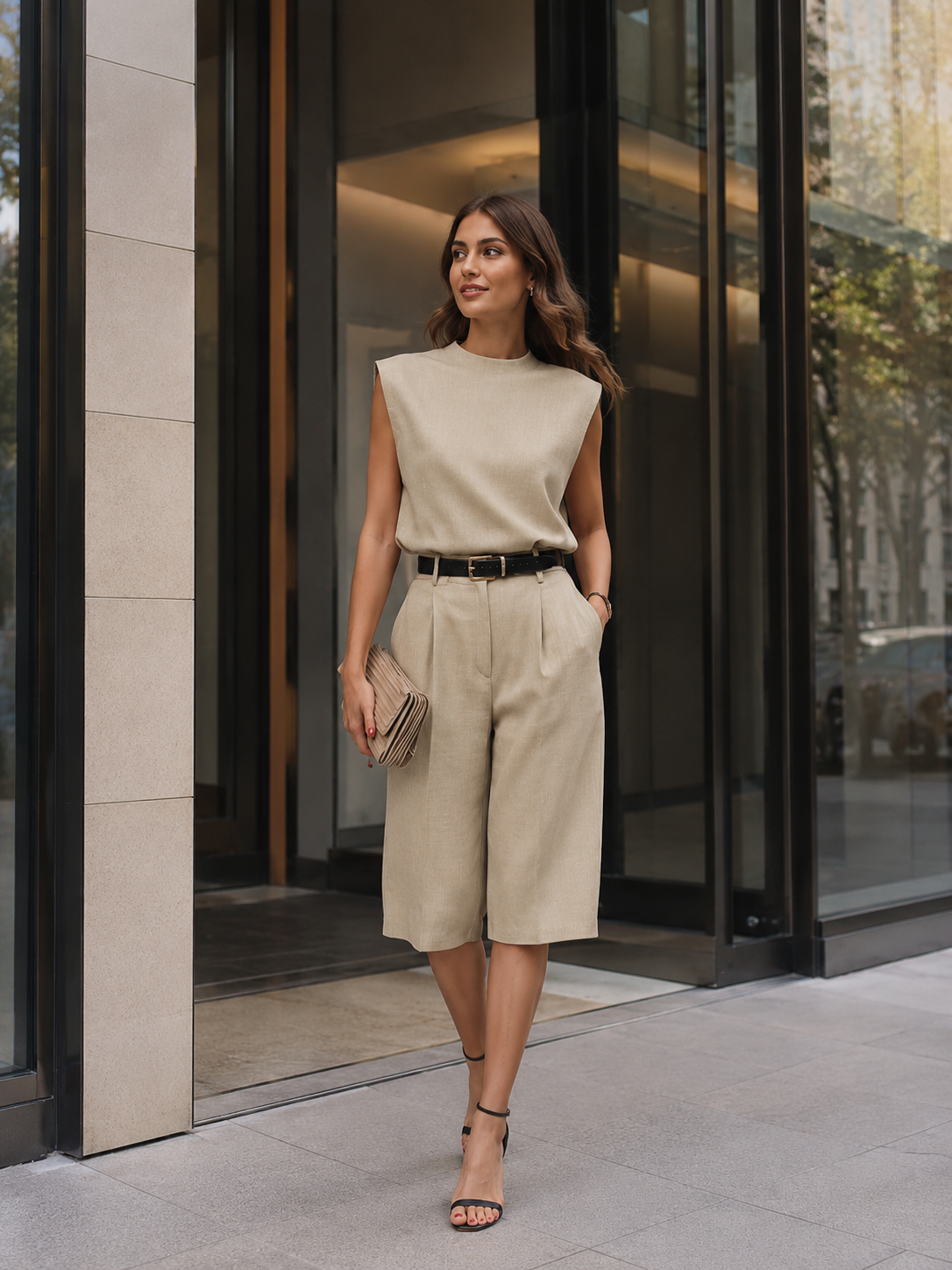 Completo bermuda Zafren beige senza maniche