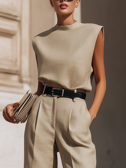 Completo bermuda Zafren beige senza maniche