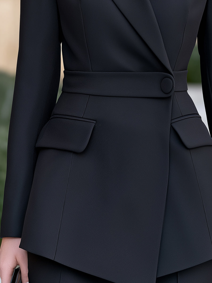 Blazer Zafren nero con revers asimmetrici e cinturino in vita