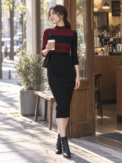 Robe Zafren noire en maille côtelée à color block