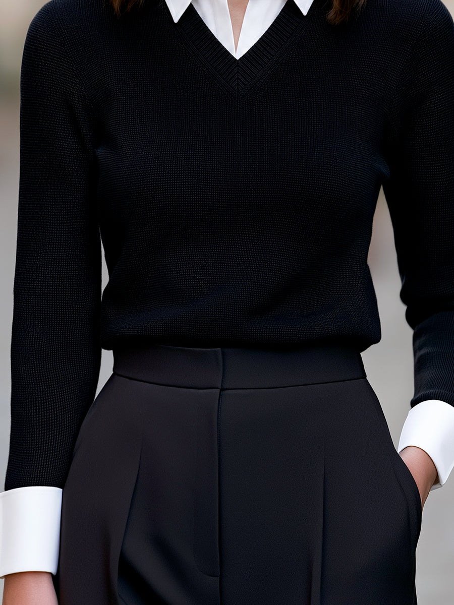 Maglione nero Zafren con colletto a contrasto e scollo a V