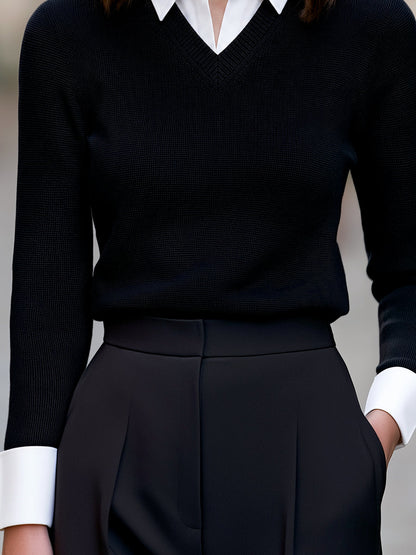 Maglione nero Zafren con colletto a contrasto e scollo a V