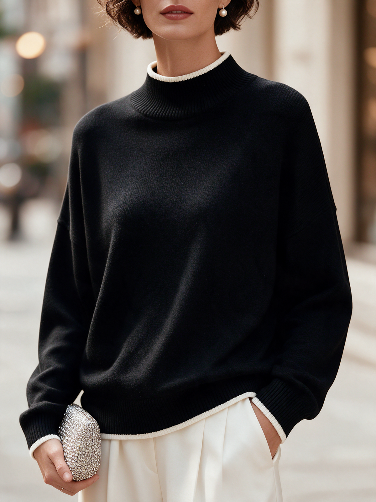 Maglione nero Zafren a collo alto con contrasto