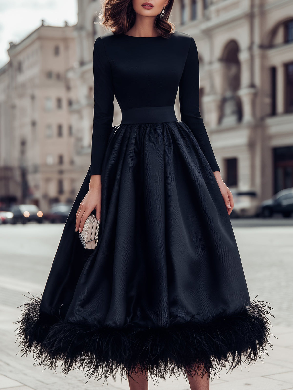 Robe midi noire à ourlet en plumes Zafren