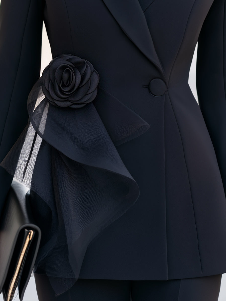 Blazer nero in tulle con fiori e volant Zafren