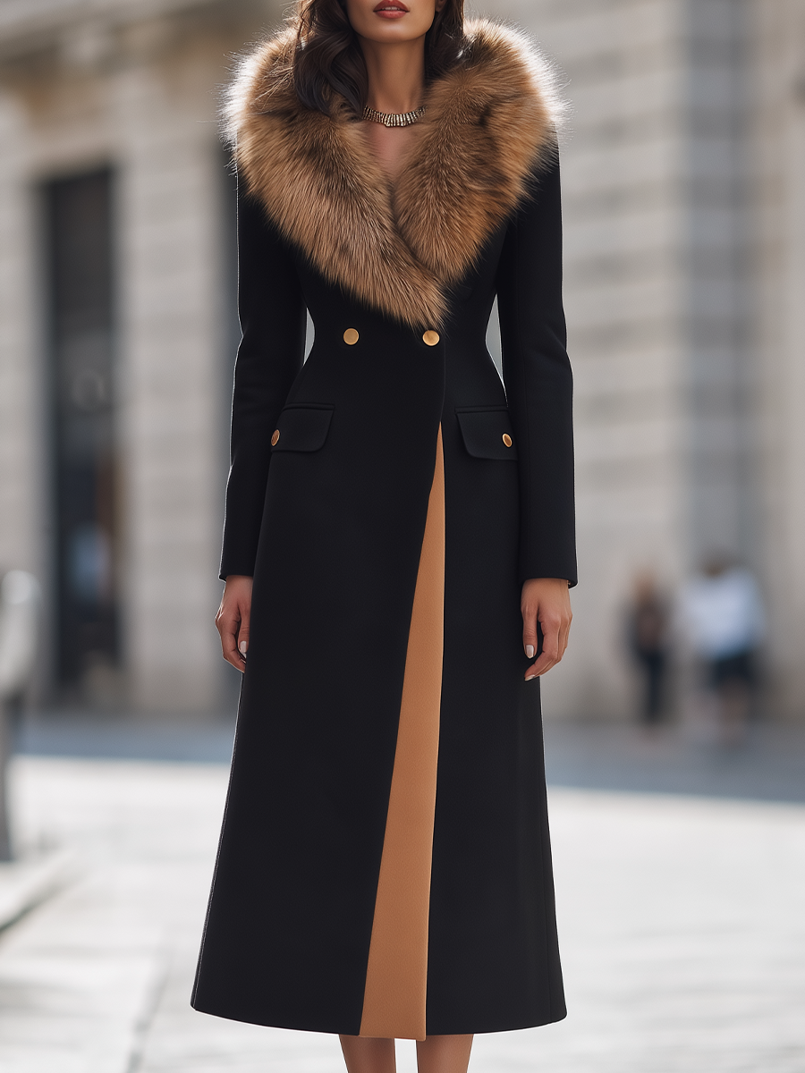 Cappotto Zafren nero in lana con collo in pelliccia