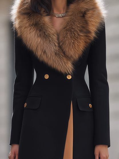 Cappotto Zafren nero in lana con collo in pelliccia