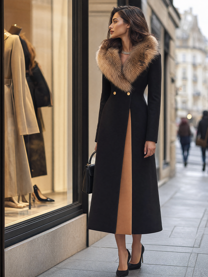 Cappotto Zafren nero in lana con collo in pelliccia