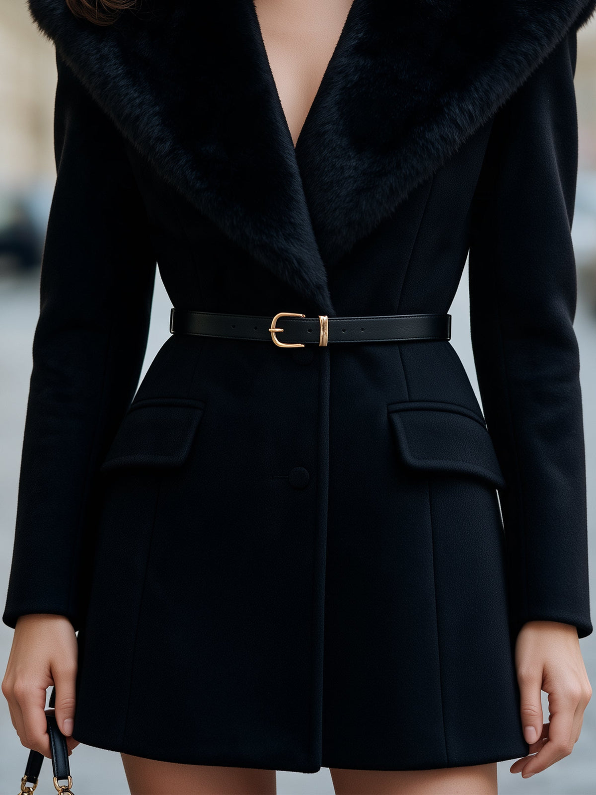 Cappotto nero Zafren con collo a scialle in pelliccia