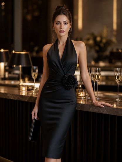 Robe noire en satin à fleurs et à encolure américaine Zafren