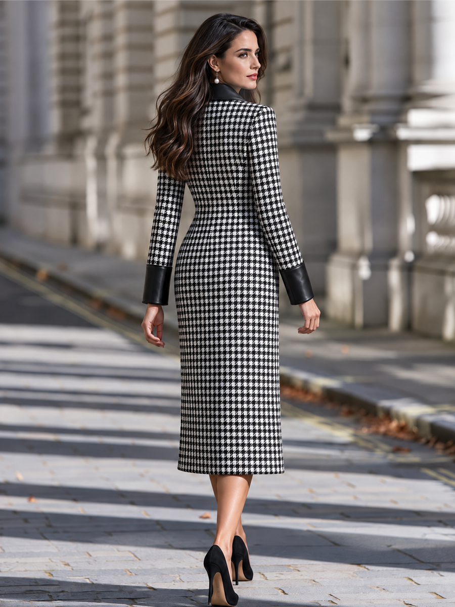 Manteau Zafren noir en cuir à revers motif pied-de-poule