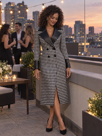Manteau Zafren noir en cuir à revers motif pied-de-poule