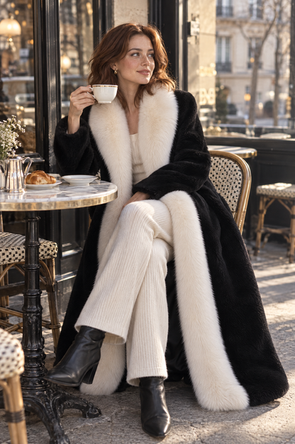 Cappotto Zafren in finta pelliccia nera e avorio