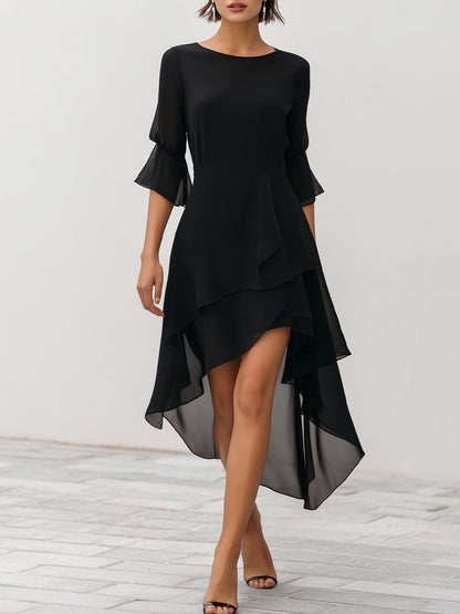 Robe Zafren noire en mousseline superposée, ourlet asymétrique