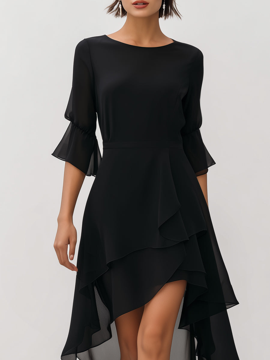 Robe Zafren noire en mousseline superposée, ourlet asymétrique