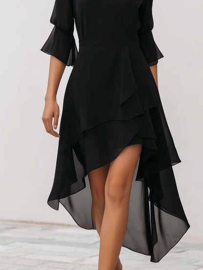 Robe Zafren noire en mousseline superposée, ourlet asymétrique