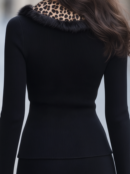 Cardigan in maglia Zafren nero con colletto leopardato