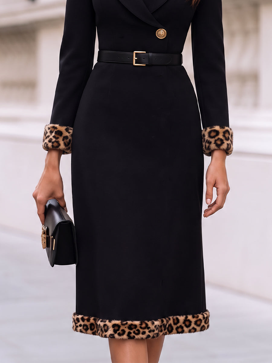Robe blazer midi Zafren noire à bordure léopard